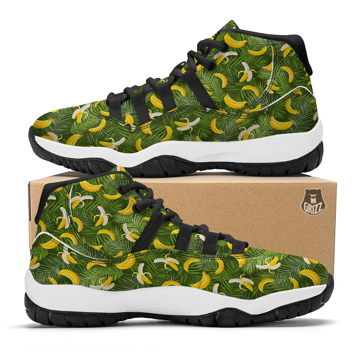 Banana Aloha Print Pattern Black Bball Shoes-grizzshop