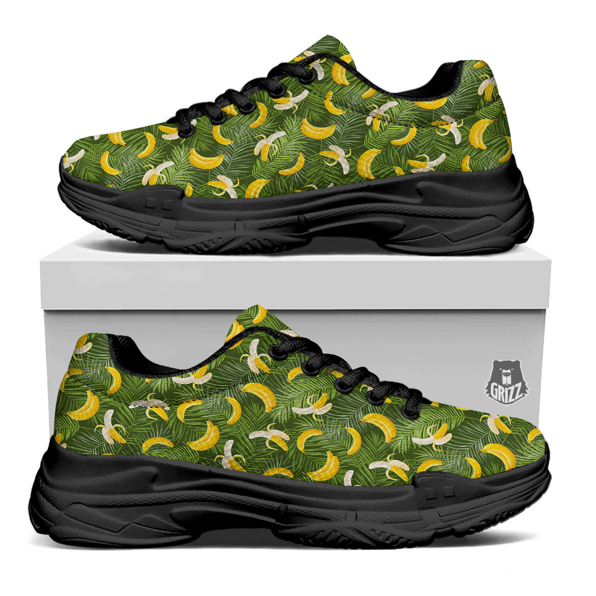 Banana Aloha Print Pattern Black Chunky Shoes-grizzshop