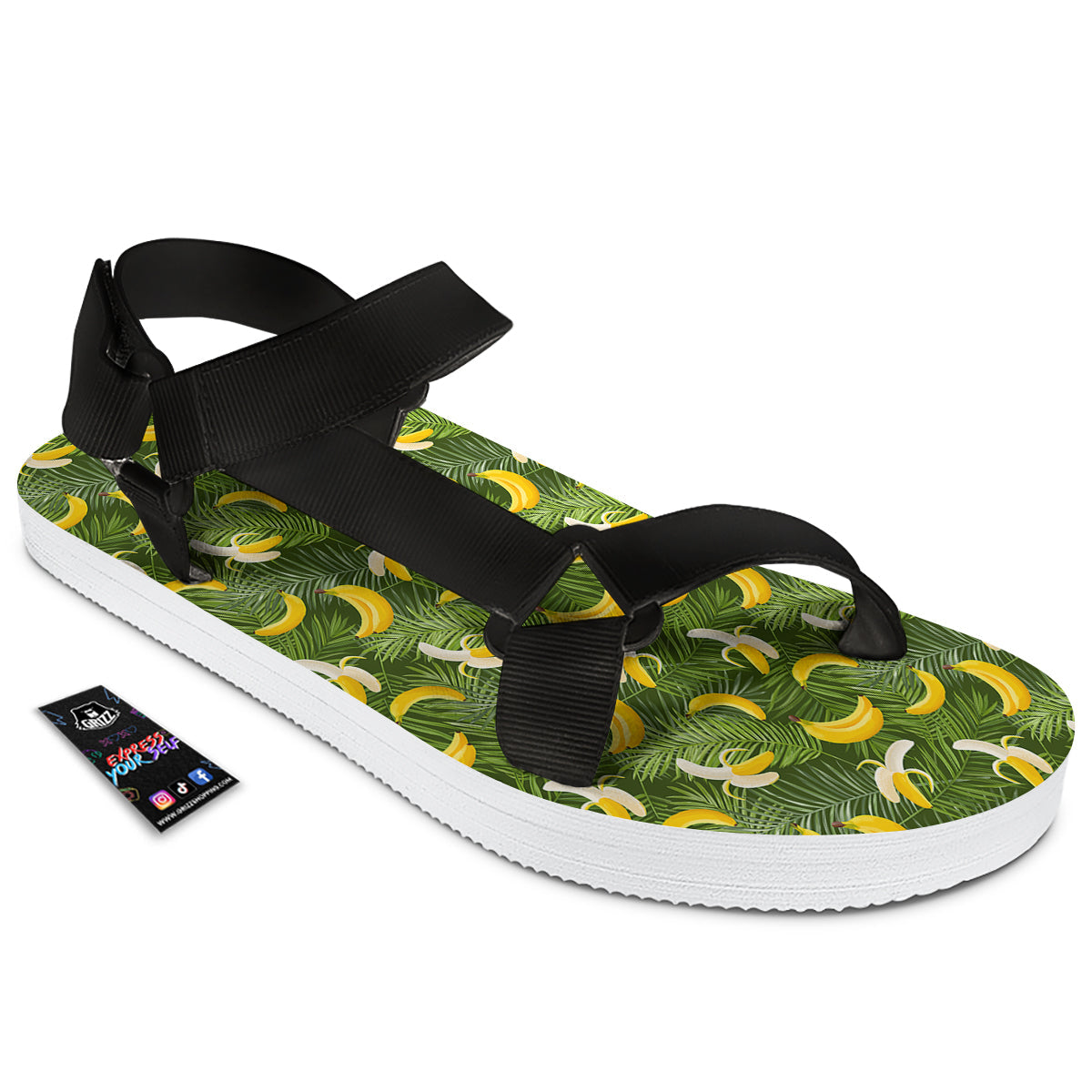 Banana Aloha Print Pattern Black Open Toe Sandals-grizzshop