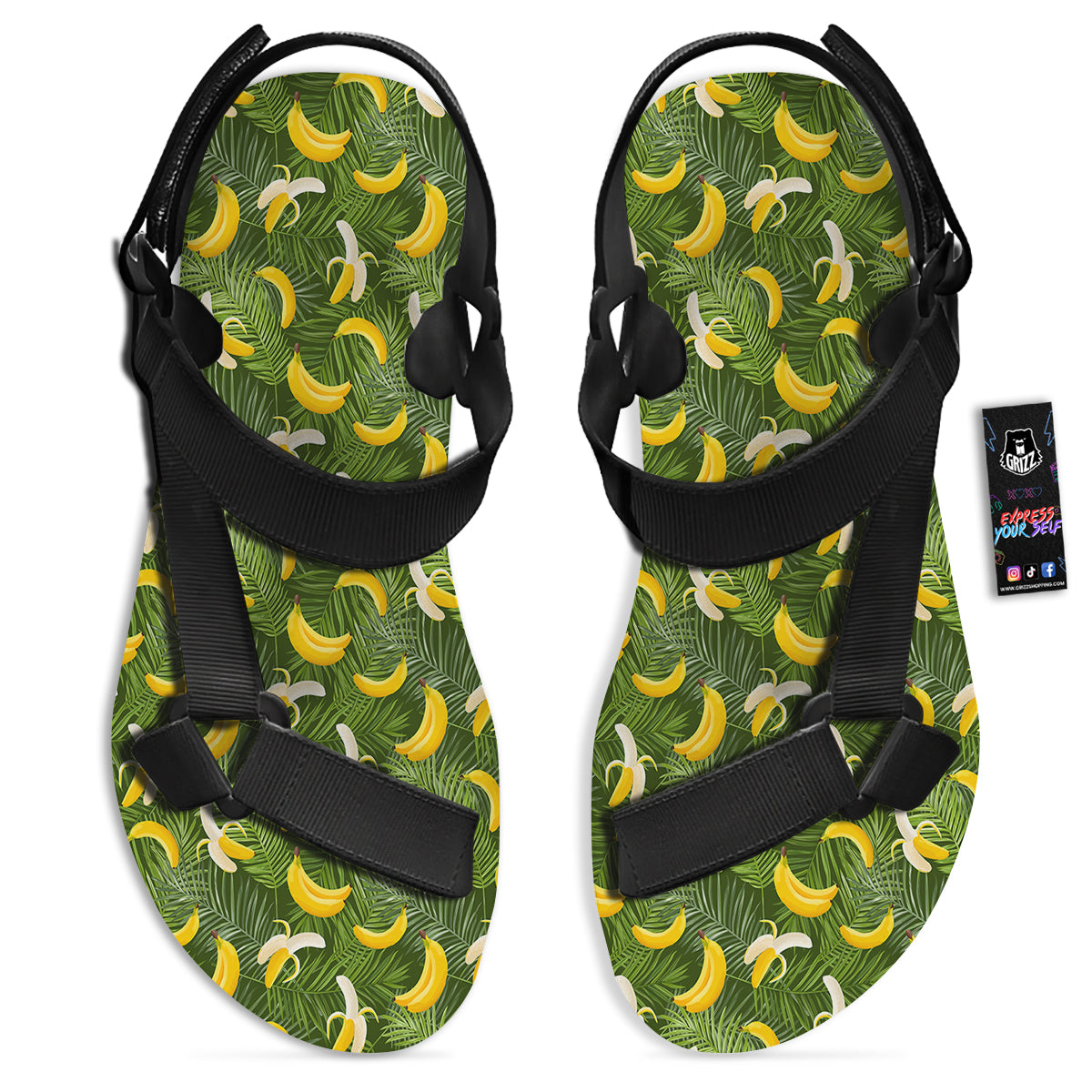 Banana Aloha Print Pattern Black Open Toe Sandals-grizzshop