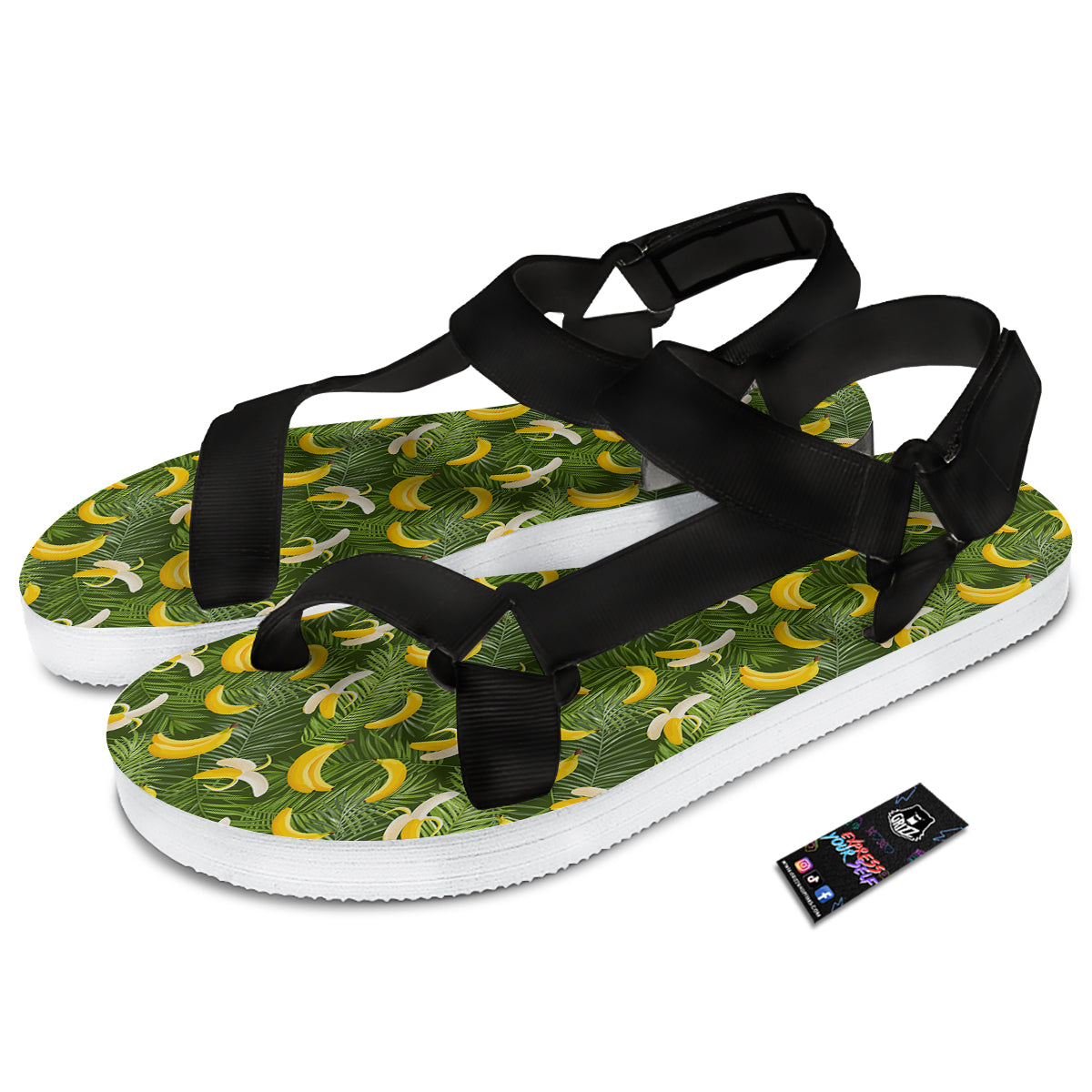Banana Aloha Print Pattern Black Open Toe Sandals-grizzshop