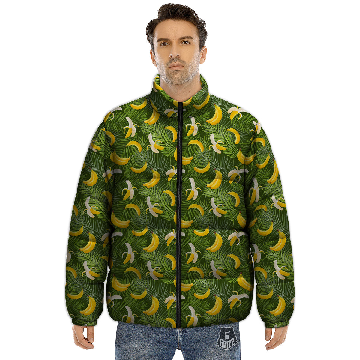 Banana Aloha Print Pattern Puffer Jacket-grizzshop
