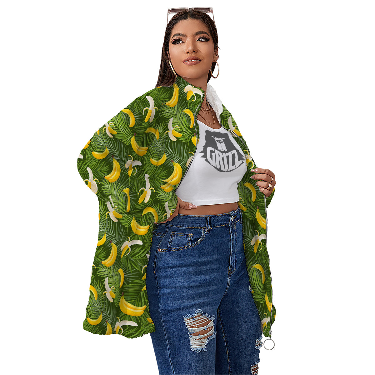 Banana Aloha Print Pattern Women's Sherpa Jacket-grizzshop