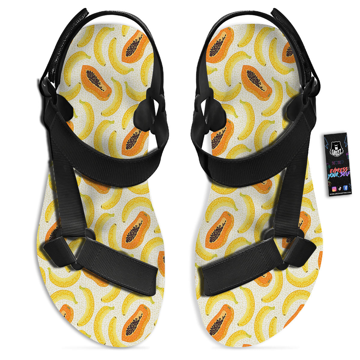 Banana And Papaya Print Pattern Black Open Toe Sandals-grizzshop