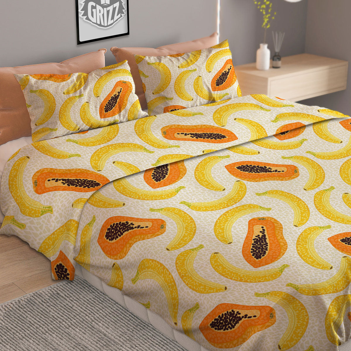 Banana And Papaya Print Pattern Duvet Cover Bedding Set