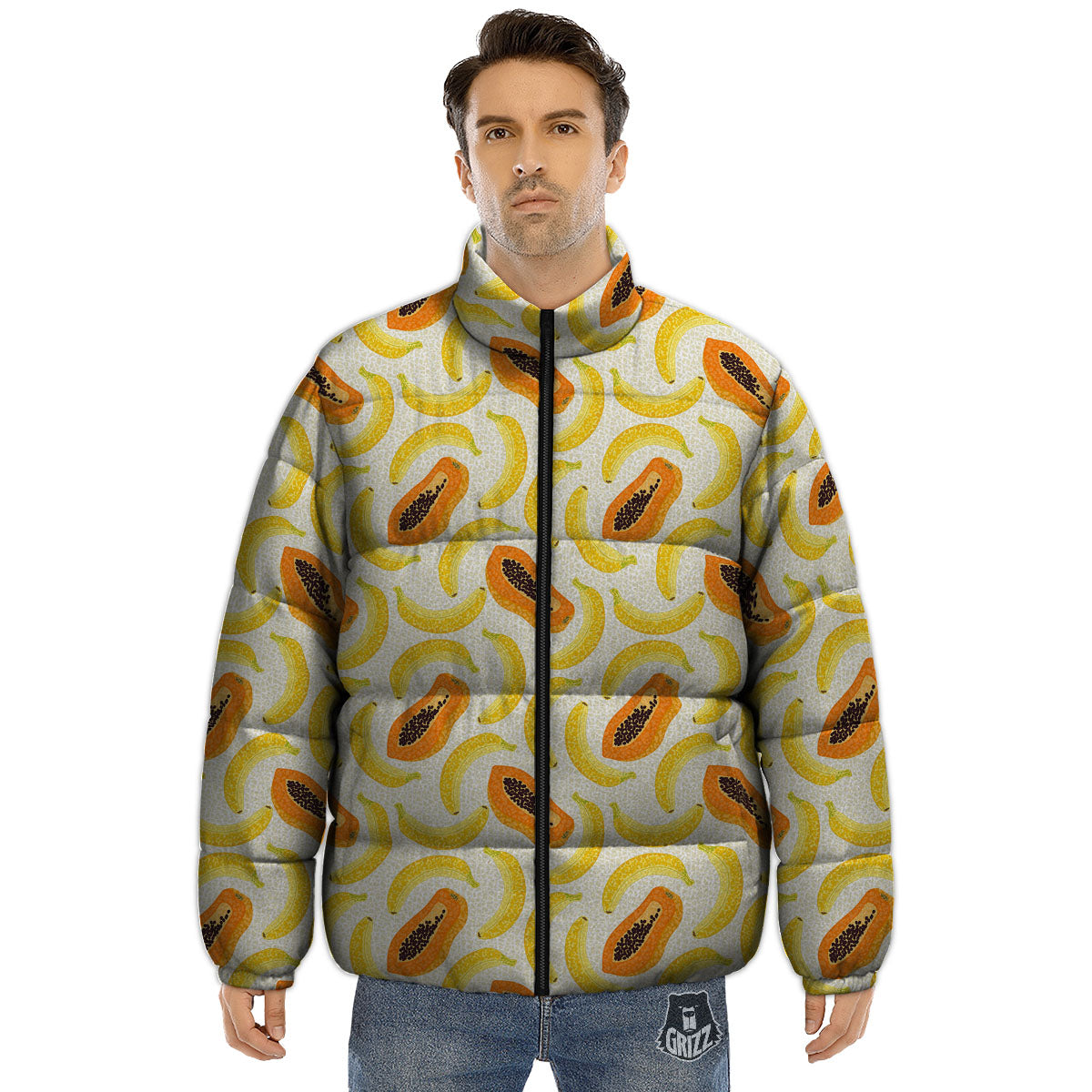 Banana And Papaya Print Pattern Puffer Jacket-grizzshop