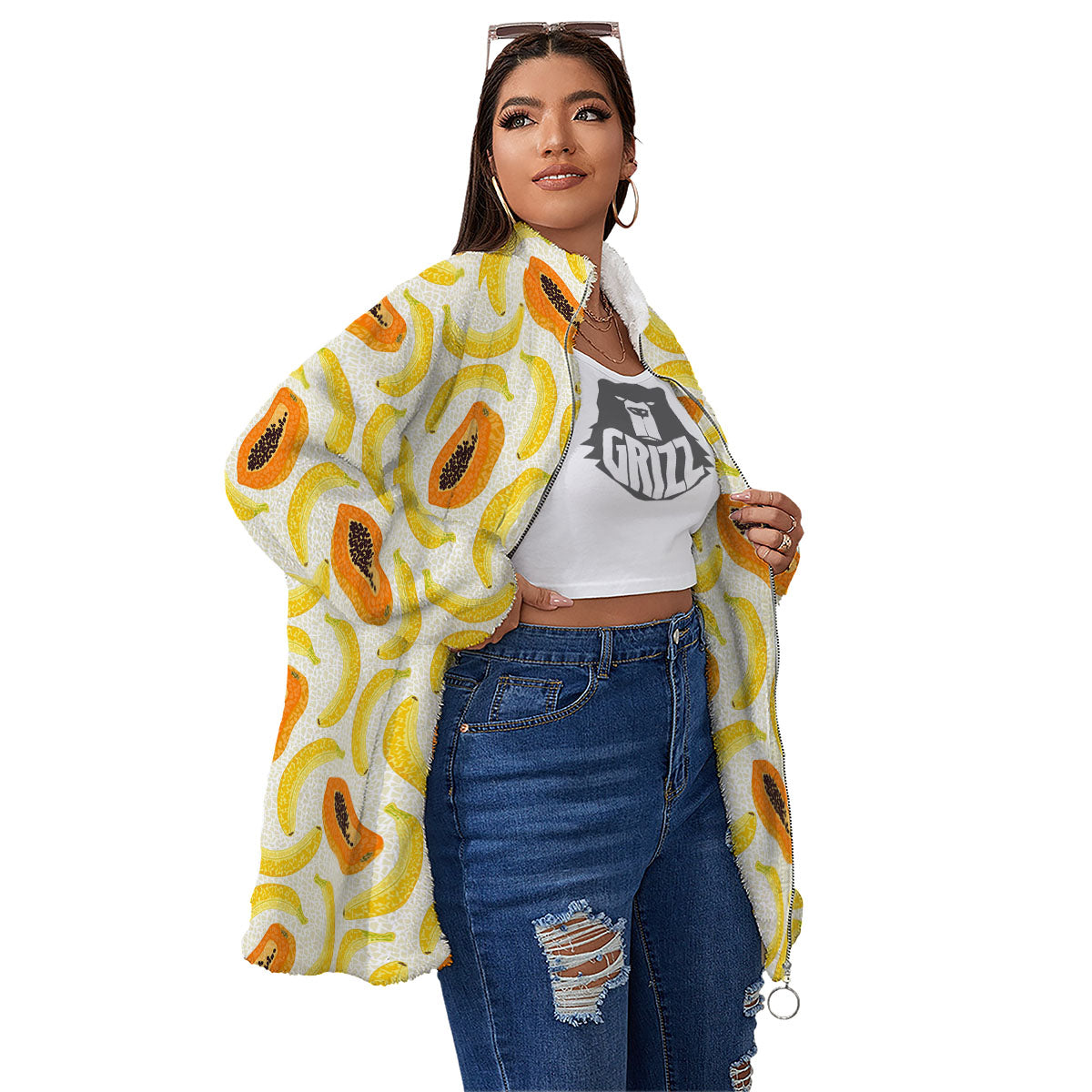 Banana And Papaya Print Pattern Women's Sherpa Jacket-grizzshop