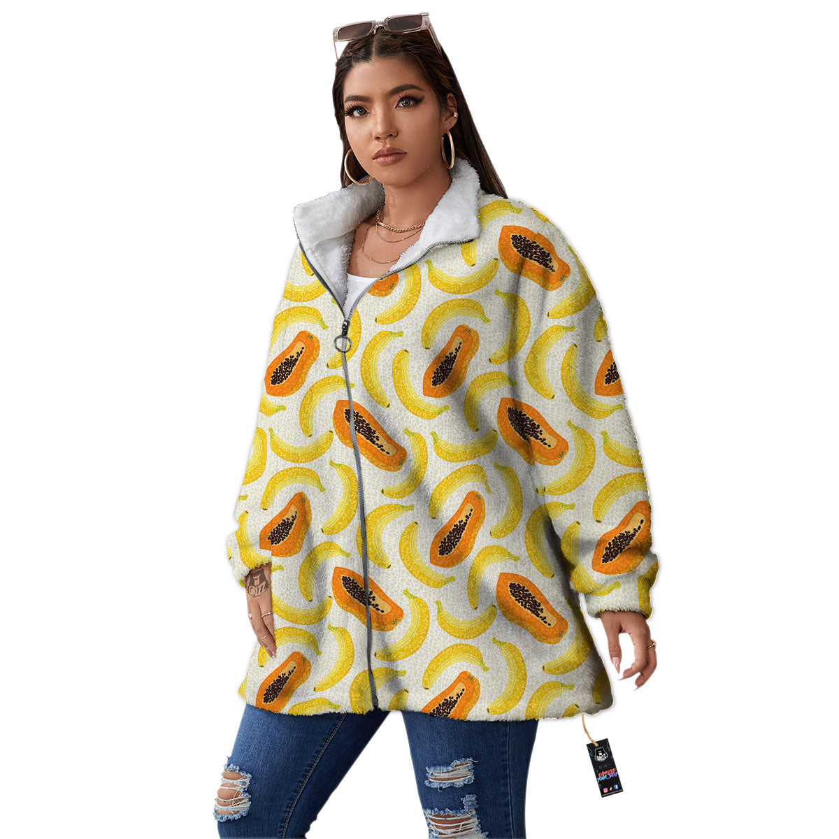 Banana And Papaya Print Pattern Women's Sherpa Jacket-grizzshop