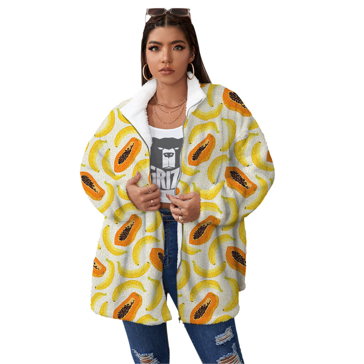 Banana And Papaya Print Pattern Women's Sherpa Jacket-grizzshop