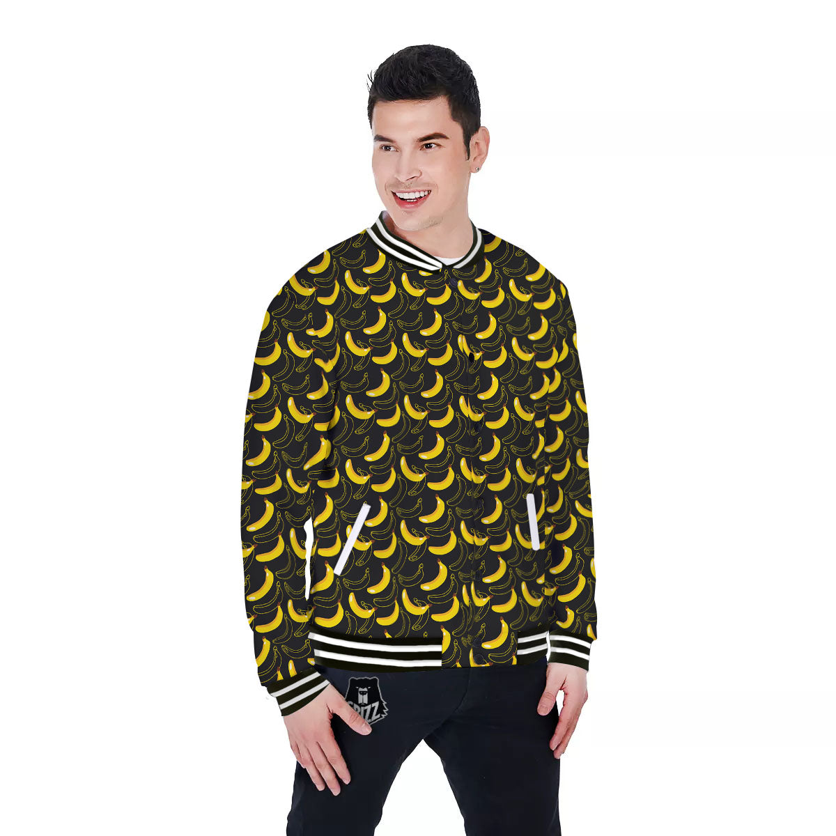 Banana Black Cartoon Print Pattern Baseball Jacket-grizzshop