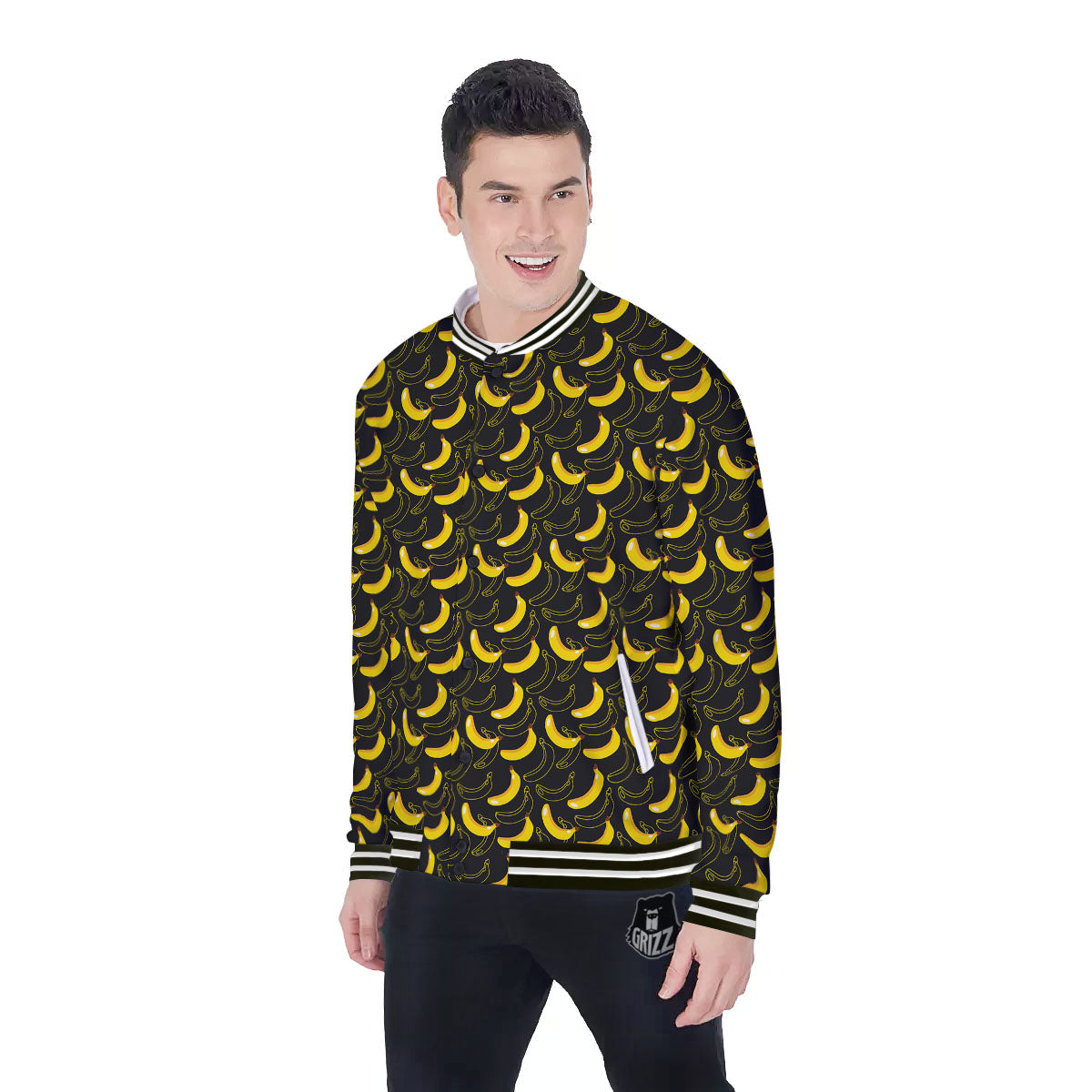 Banana Black Cartoon Print Pattern Baseball Jacket-grizzshop