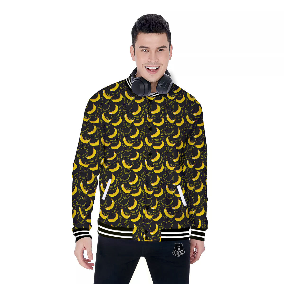Banana Black Cartoon Print Pattern Baseball Jacket-grizzshop