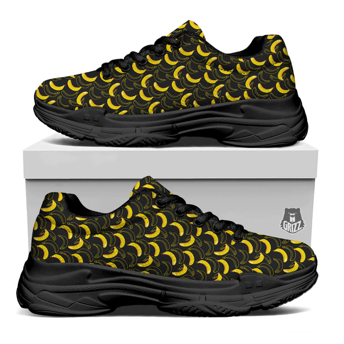 Banana Black Cartoon Print Pattern Black Chunky Shoes-grizzshop
