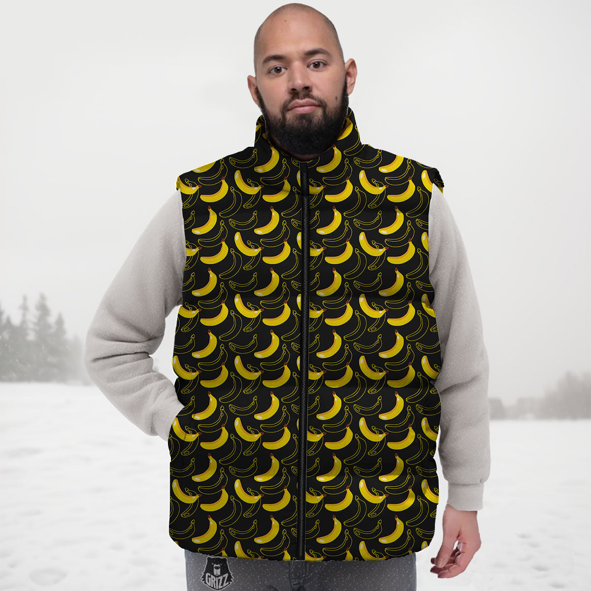 Banana Black Cartoon Print Pattern Down Vest