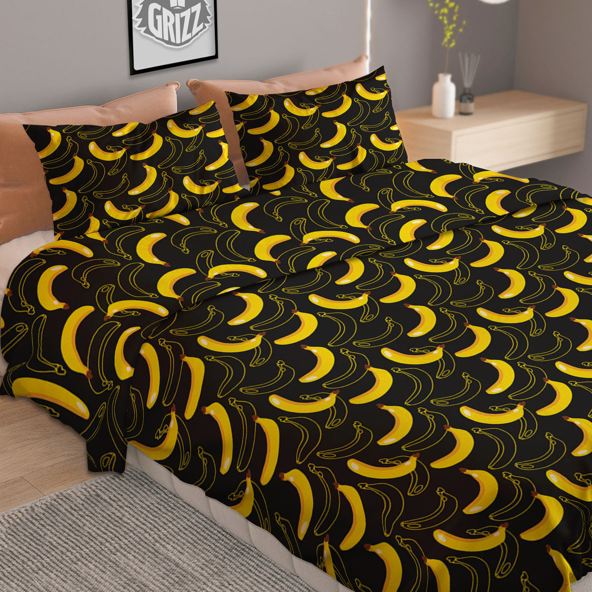 Banana Black Cartoon Print Pattern Duvet Cover Bedding Set