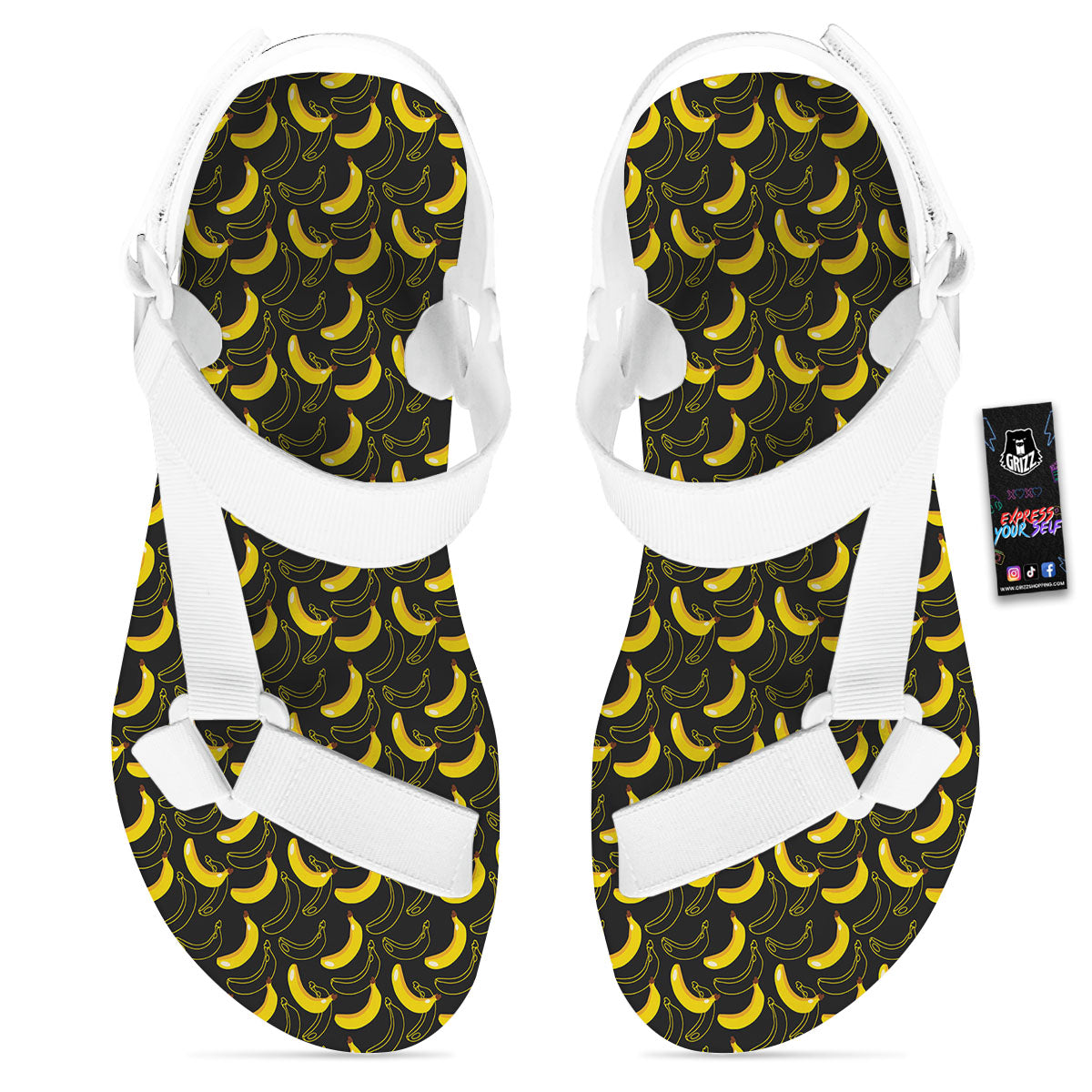 Banana Black Cartoon Print Pattern White Open Toe Sandals-grizzshop