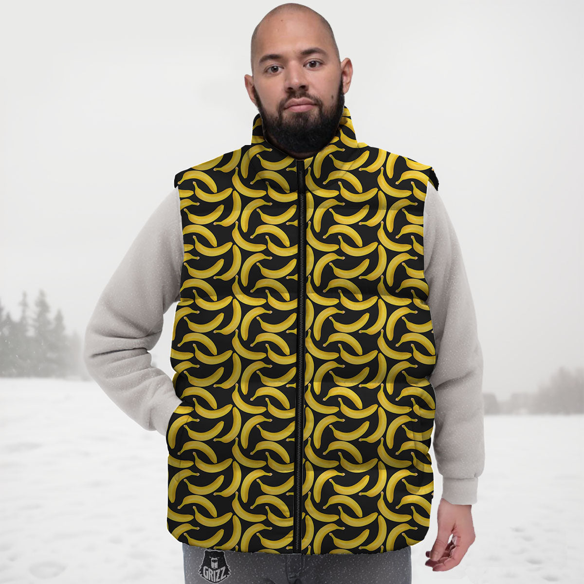 Banana Black Print Pattern Down Vest