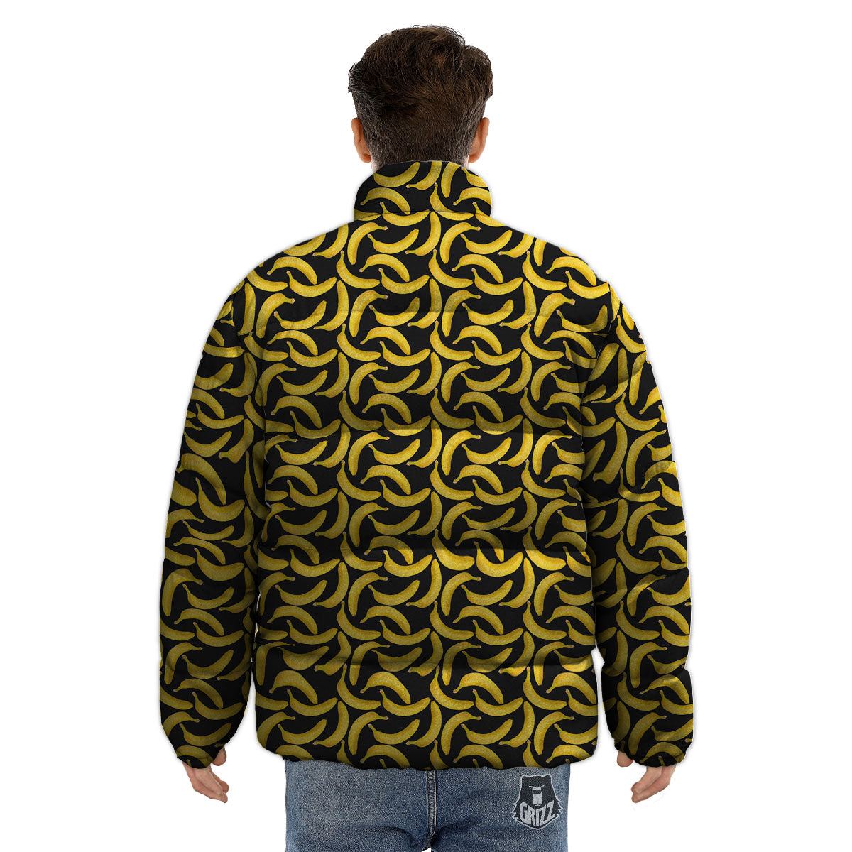 Banana Black Print Pattern Puffer Jacket-grizzshop
