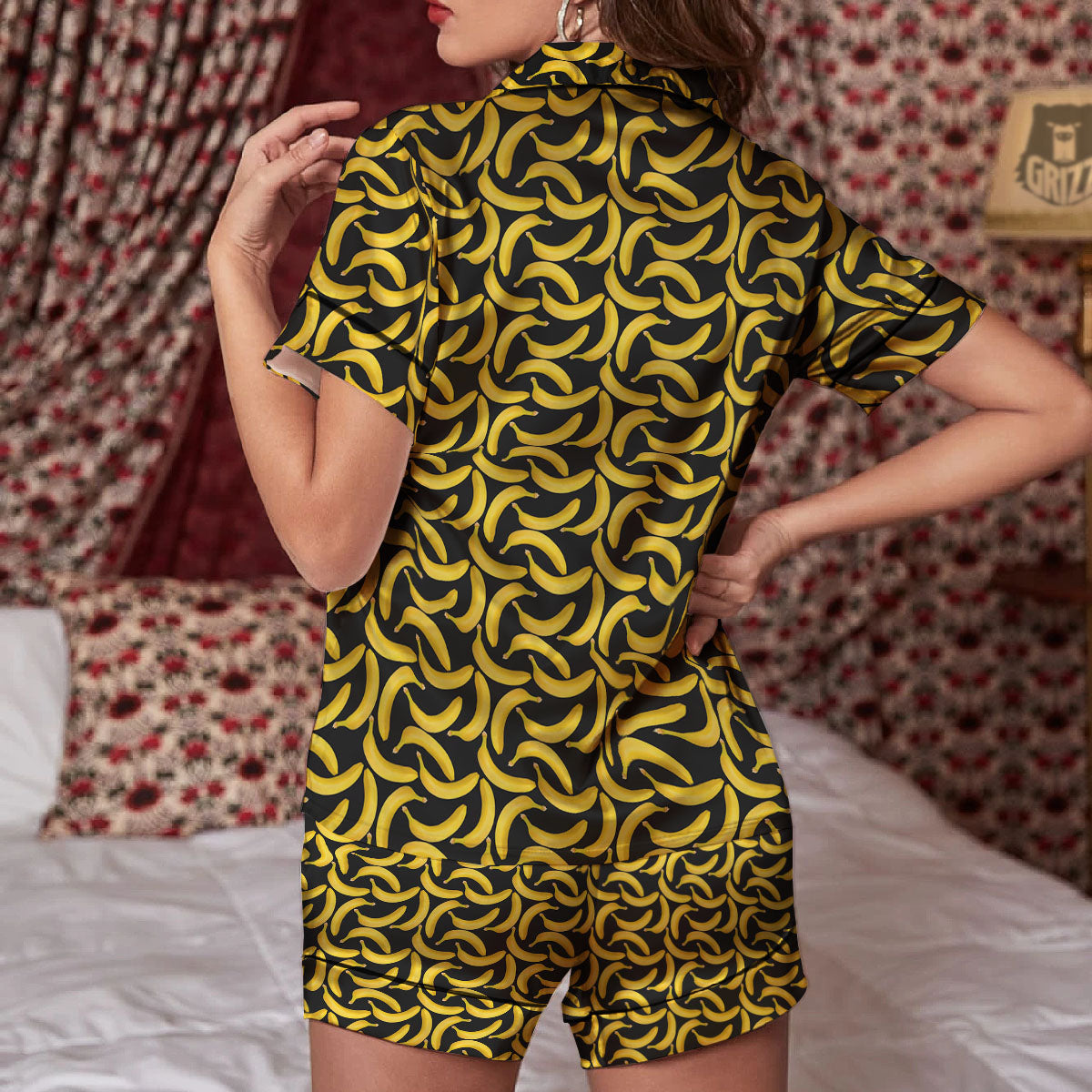 Banana Black Print Pattern Women Silk Pajamas-grizzshop