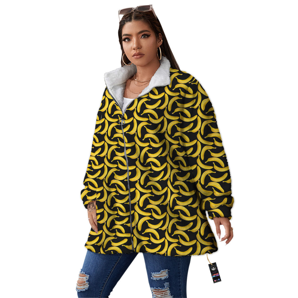 Banana Black Print Pattern Women's Sherpa Jacket-grizzshop
