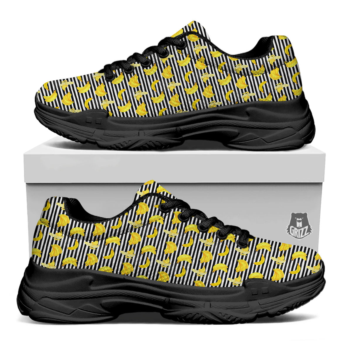 Banana Black Striped Print Pattern Black Chunky Shoes-grizzshop