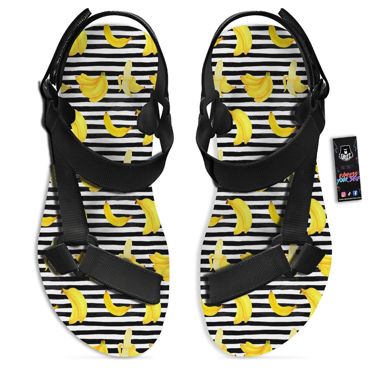 Banana Black Striped Print Pattern Black Open Toe Sandals-grizzshop