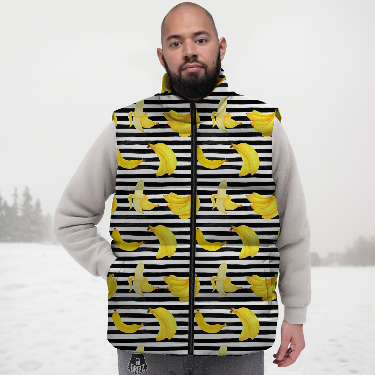 Banana Black Striped Print Pattern Down Vest