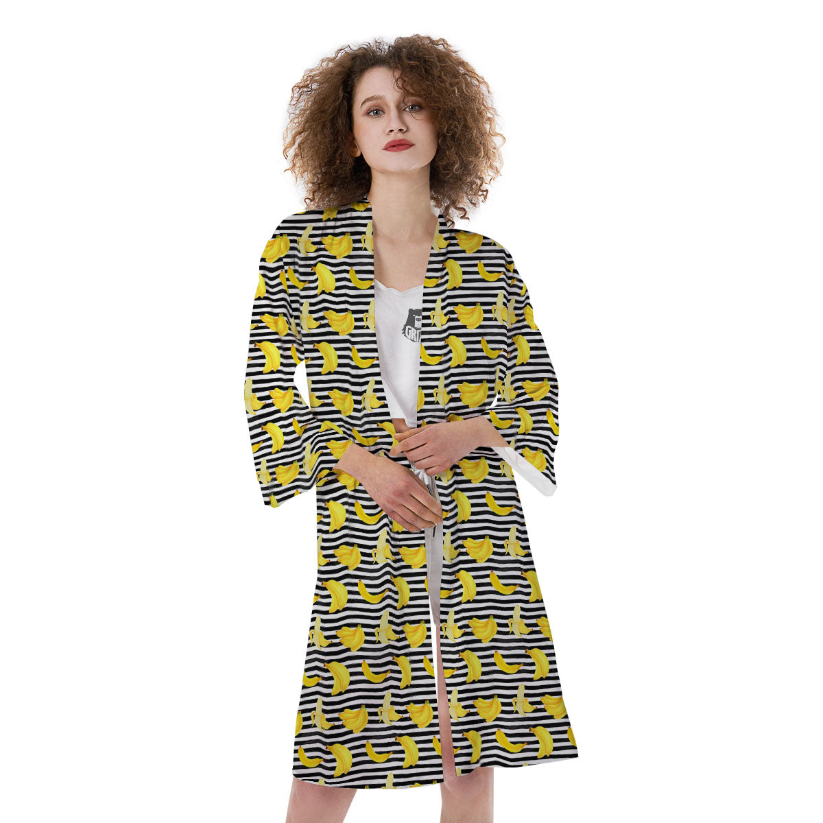 Banana Black Striped Print Pattern Kimono-grizzshop