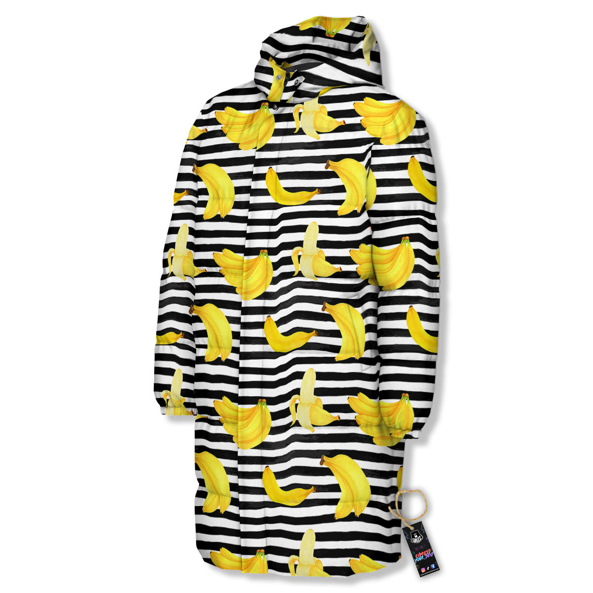 Banana Black Striped Print Pattern Long Down Jacket-grizzshop