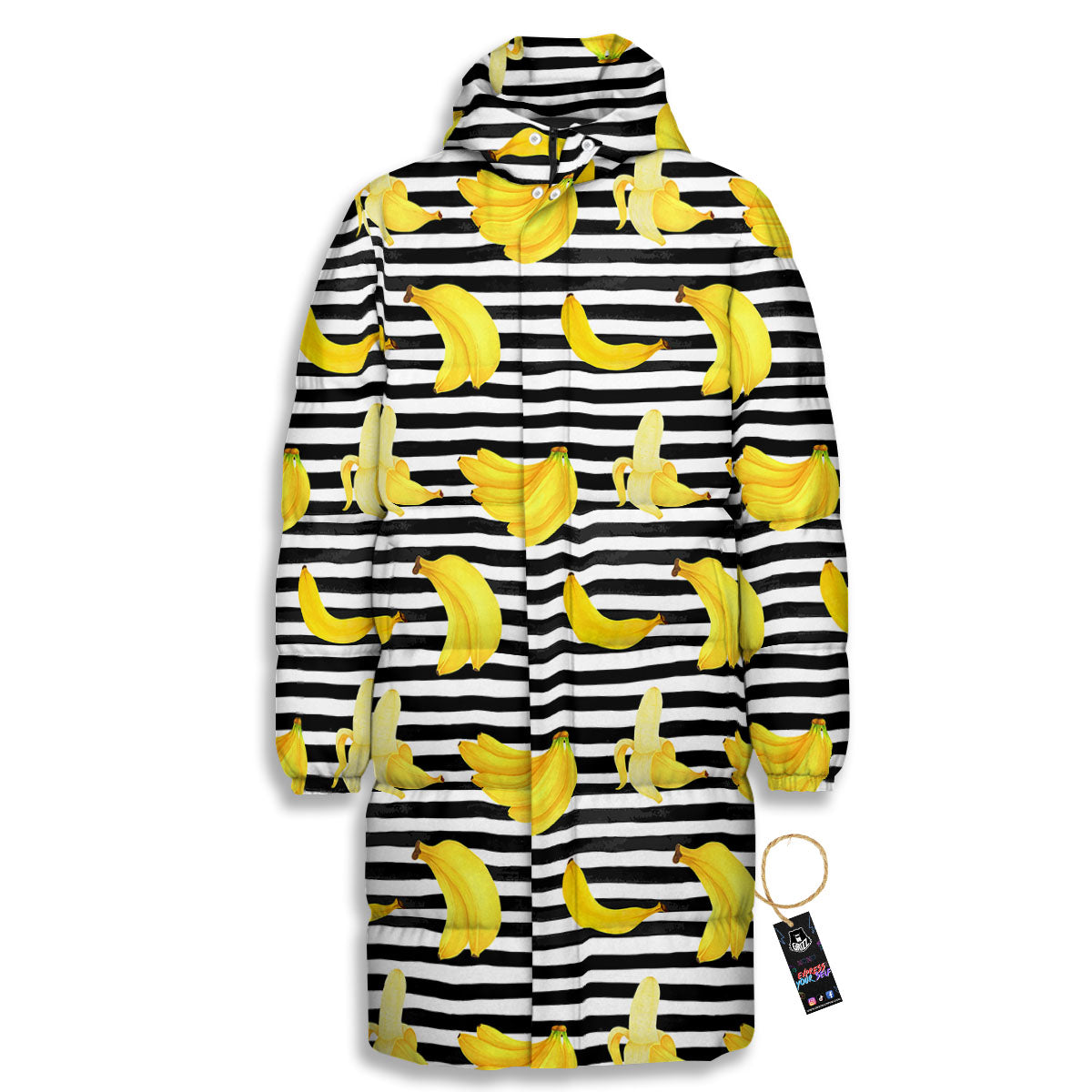 Banana Black Striped Print Pattern Long Down Jacket-grizzshop