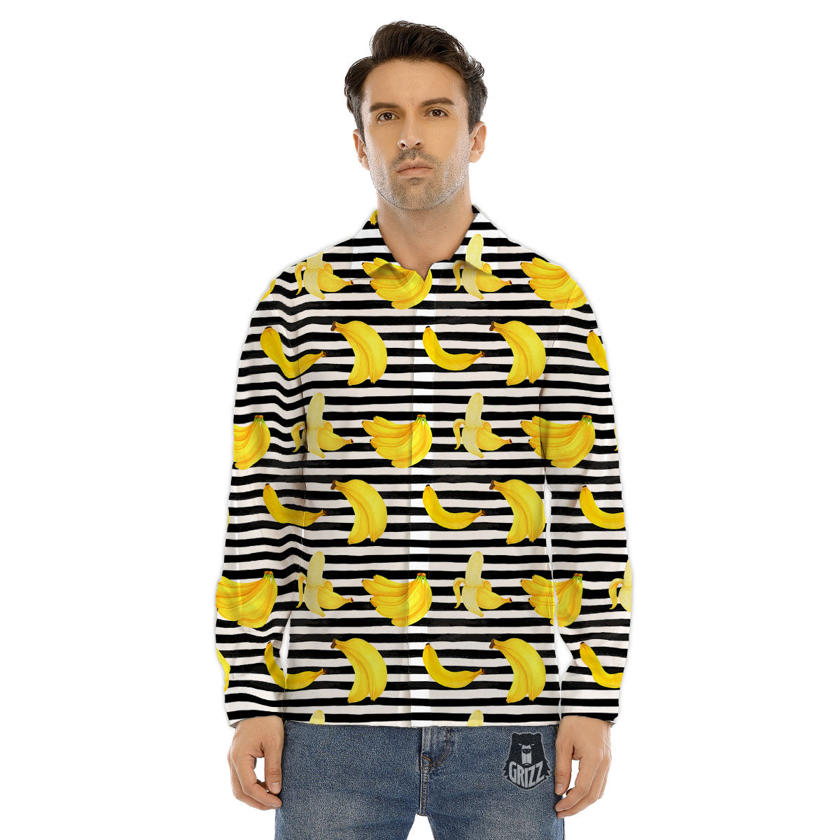 Banana Black Striped Print Pattern Men's Dress Shirts-grizzshop