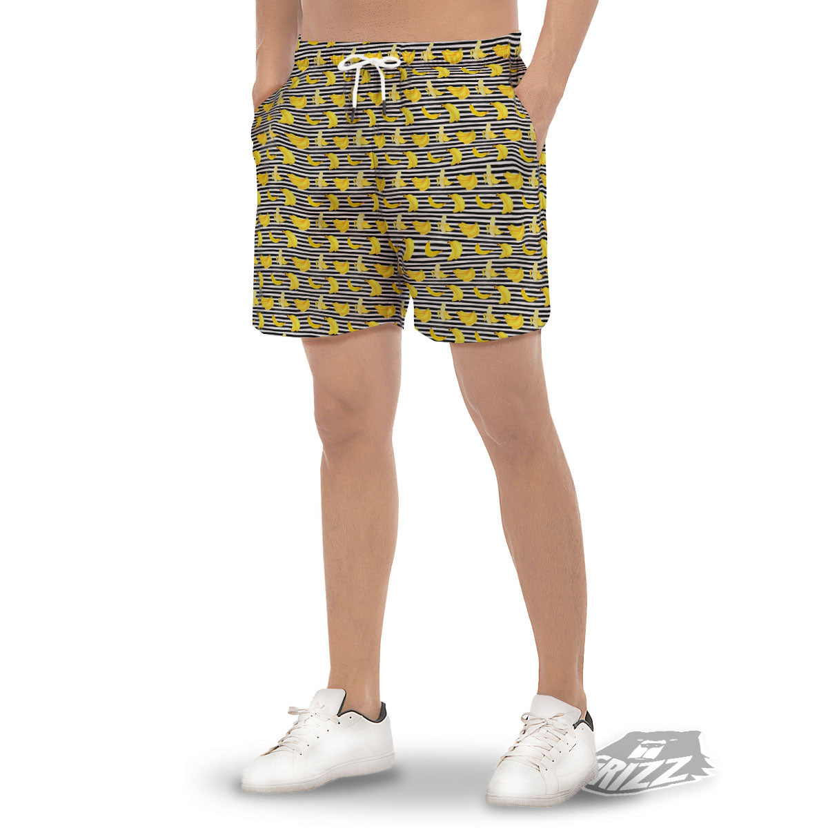 Banana Black Striped Print Pattern Men's Gym Shorts-grizzshop