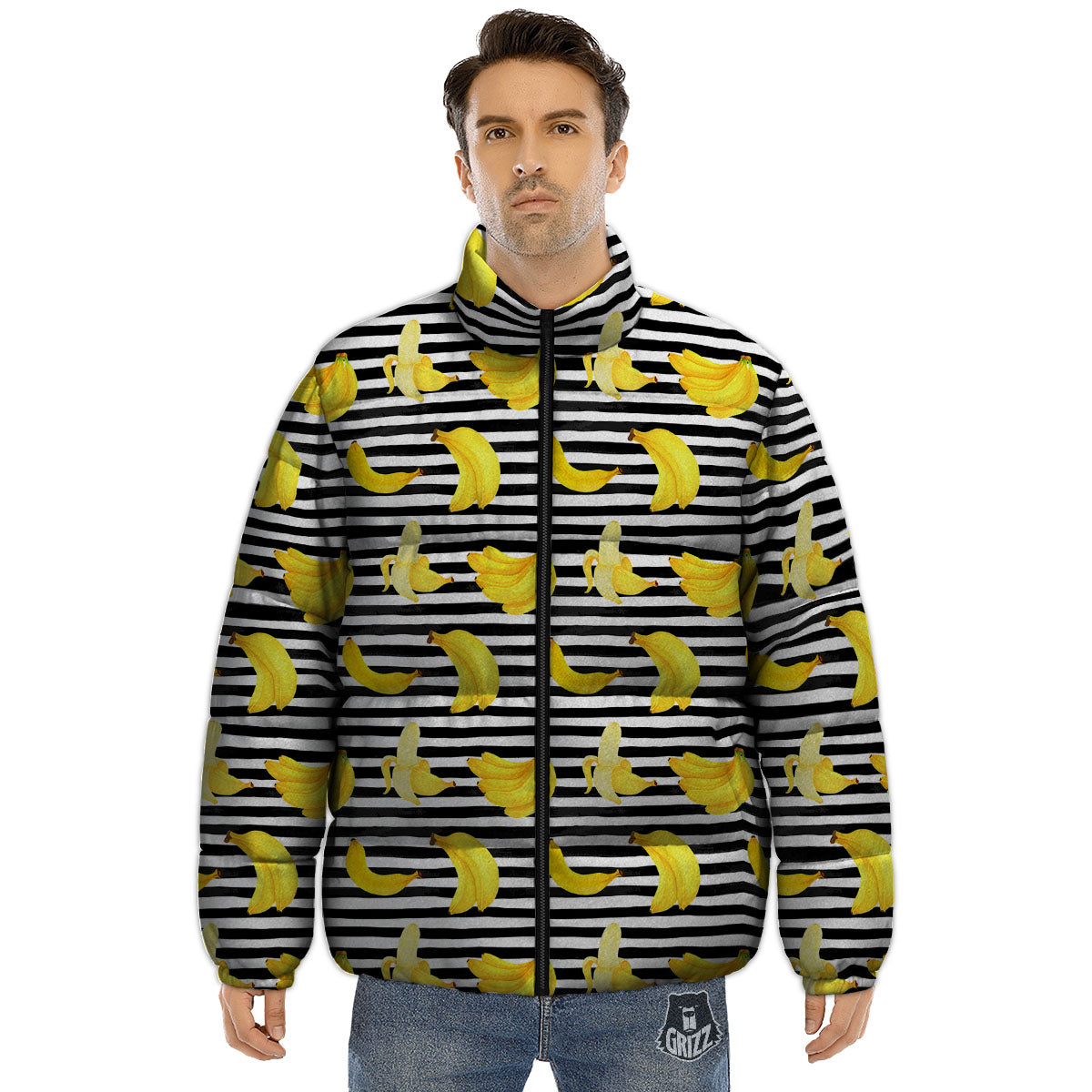 Banana Black Striped Print Pattern Puffer Jacket-grizzshop