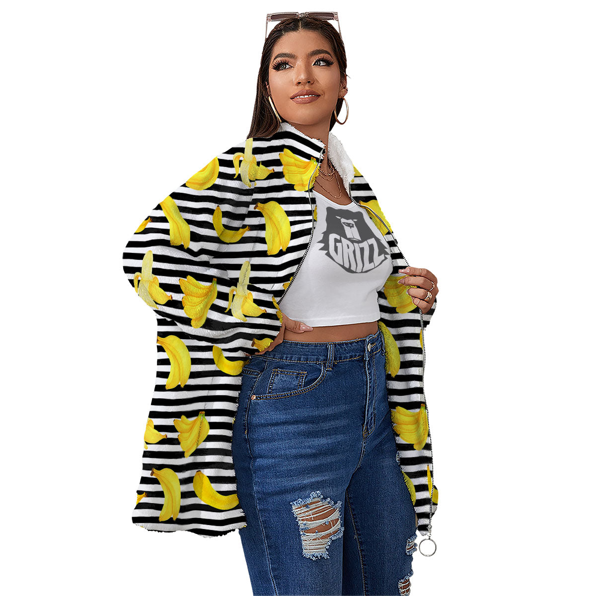 Banana Black Striped Print Pattern Women's Sherpa Jacket-grizzshop
