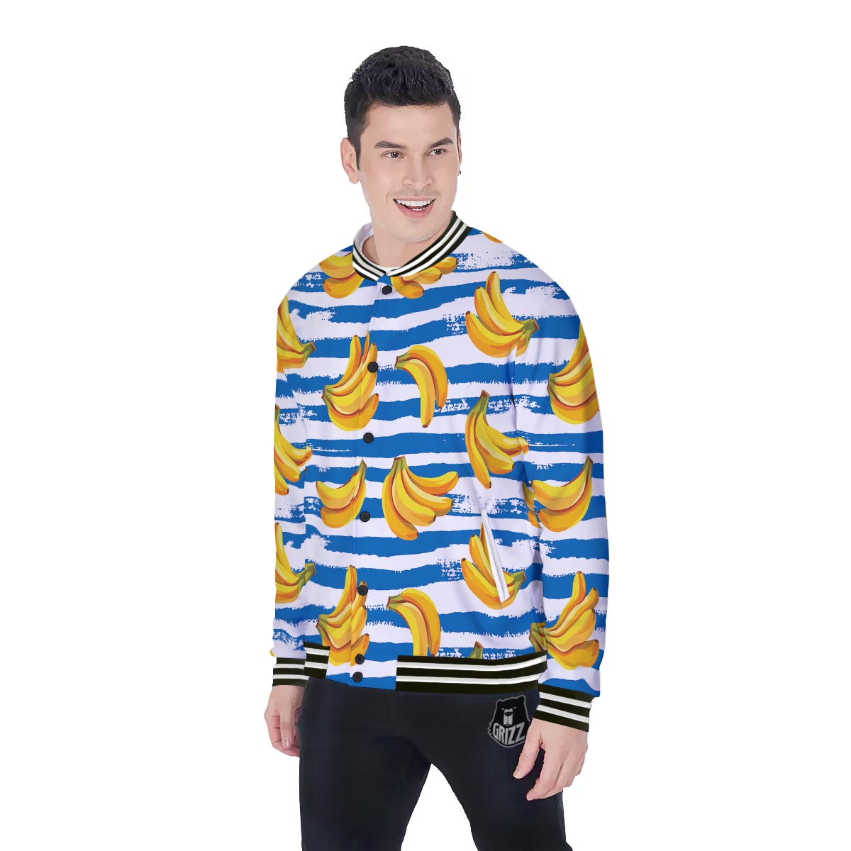 Banana Blue And White Striped Print Pattern Baseball Jacket-grizzshop