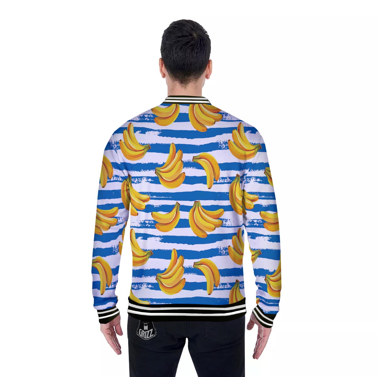 Banana Blue And White Striped Print Pattern Baseball Jacket-grizzshop