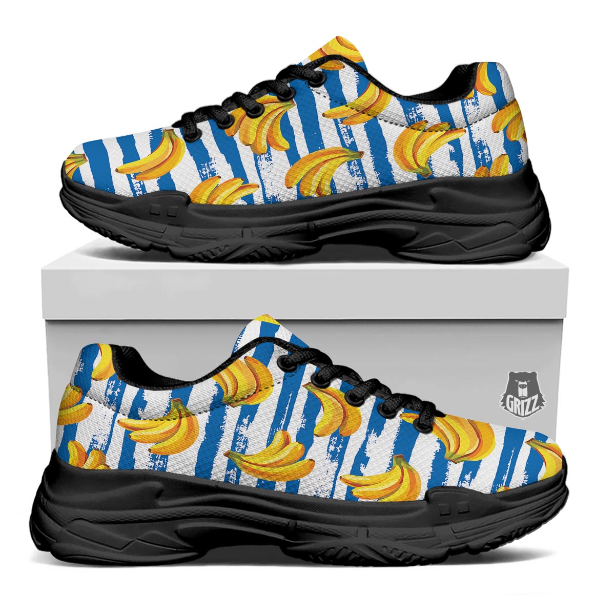 Banana Blue And White Striped Print Pattern Black Chunky Shoes-grizzshop