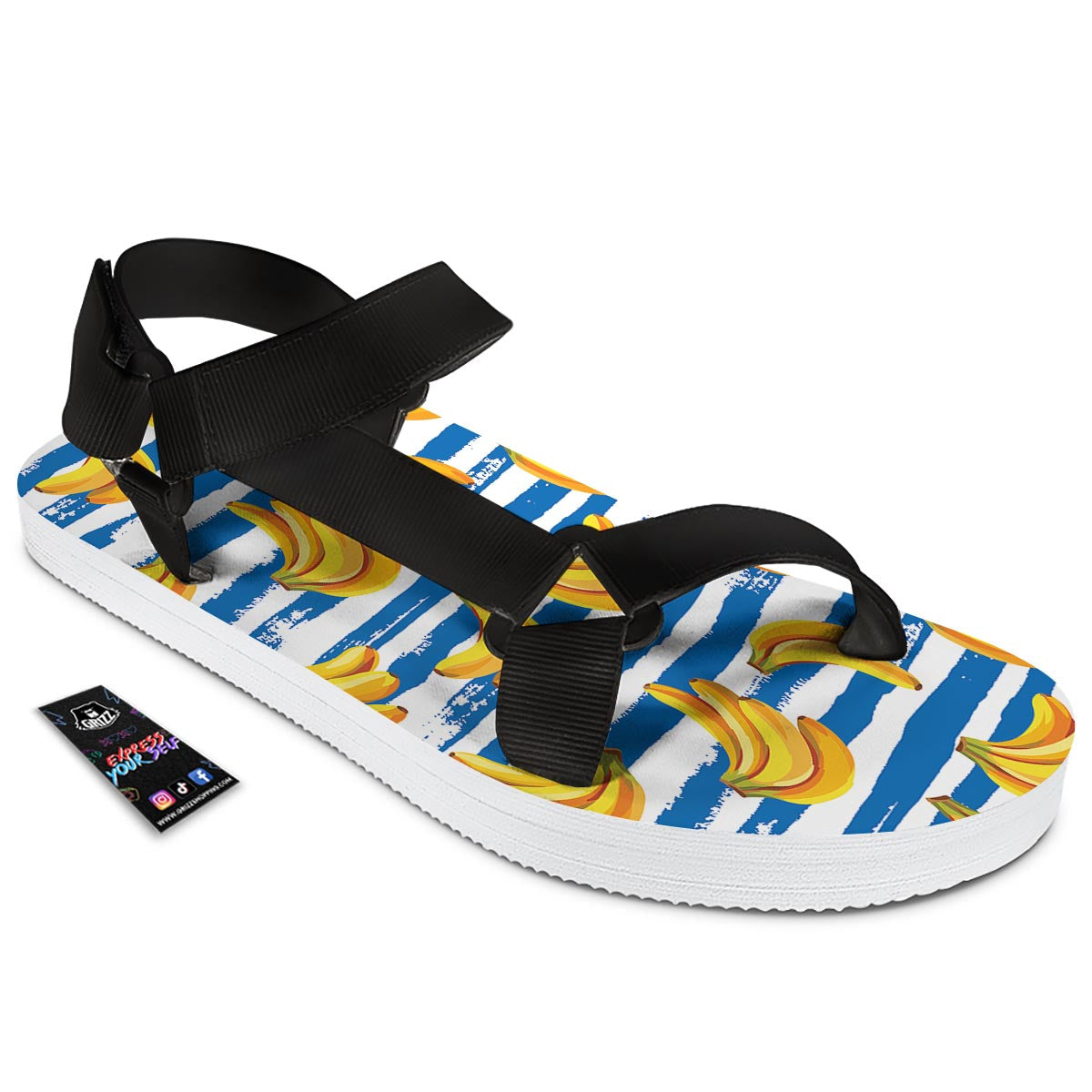 Banana Blue And White Striped Print Pattern Black Open Toe Sandals-grizzshop