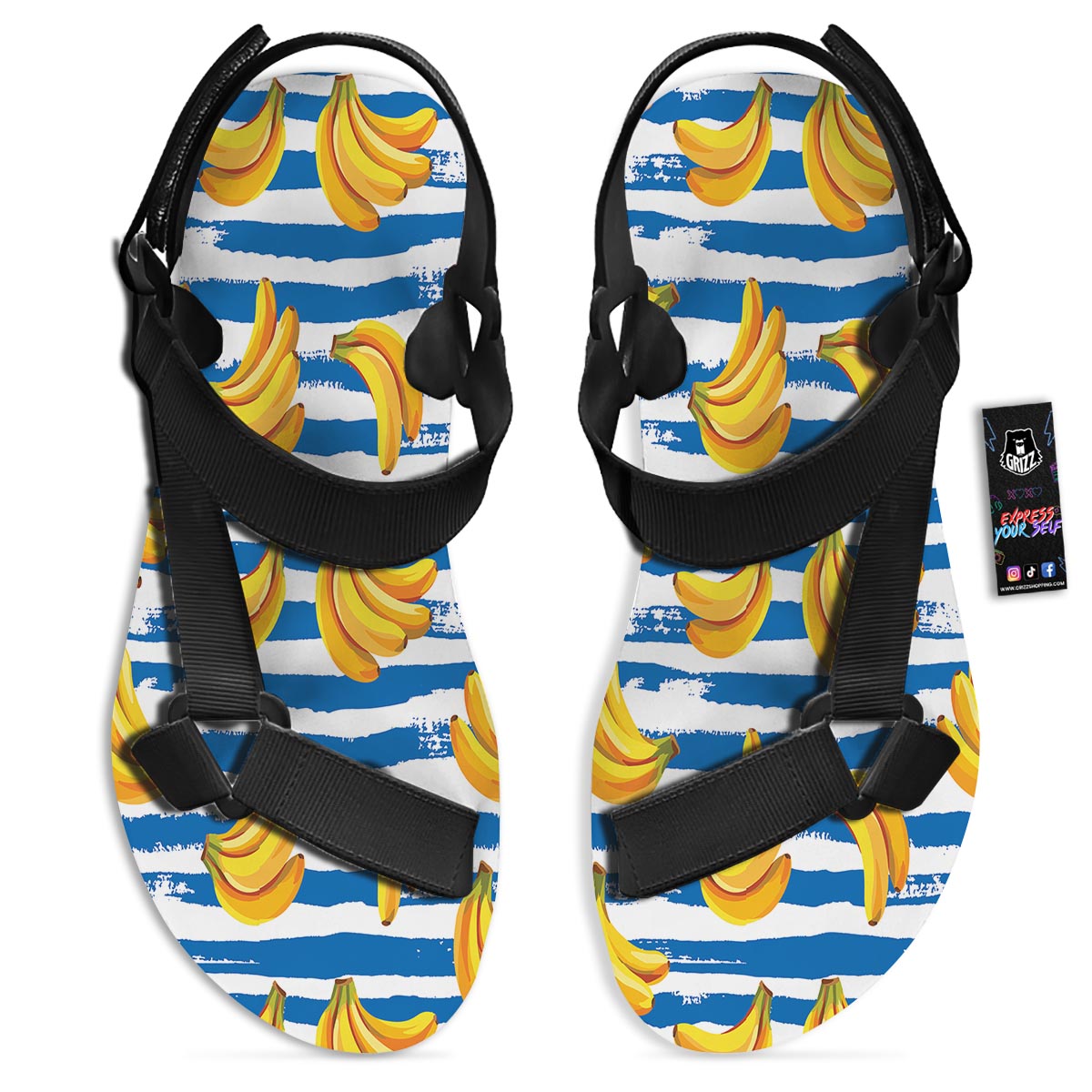 Banana Blue And White Striped Print Pattern Black Open Toe Sandals-grizzshop