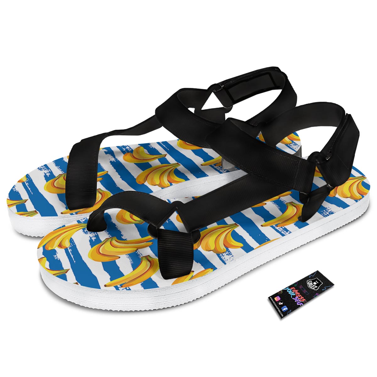 Banana Blue And White Striped Print Pattern Black Open Toe Sandals-grizzshop