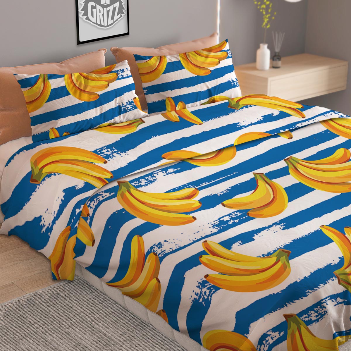 Banana Blue And White Striped Print Pattern Duvet Cover Bedding Set