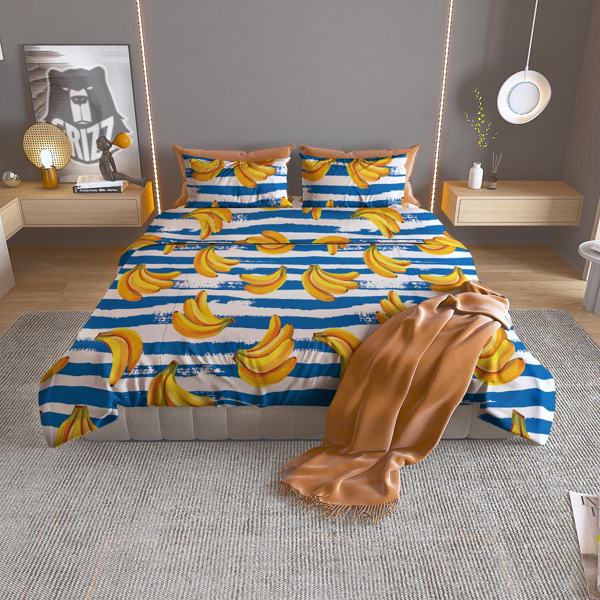 Banana Blue And White Striped Print Pattern Duvet Cover Bedding Set