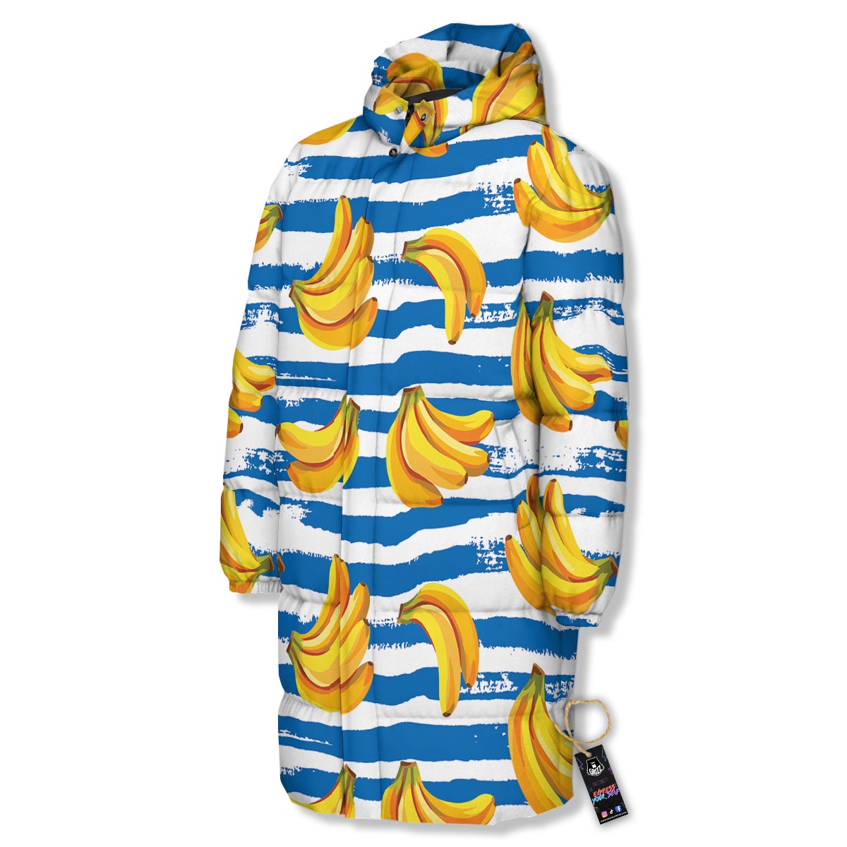 Banana Blue And White Striped Print Pattern Long Down Jacket-grizzshop