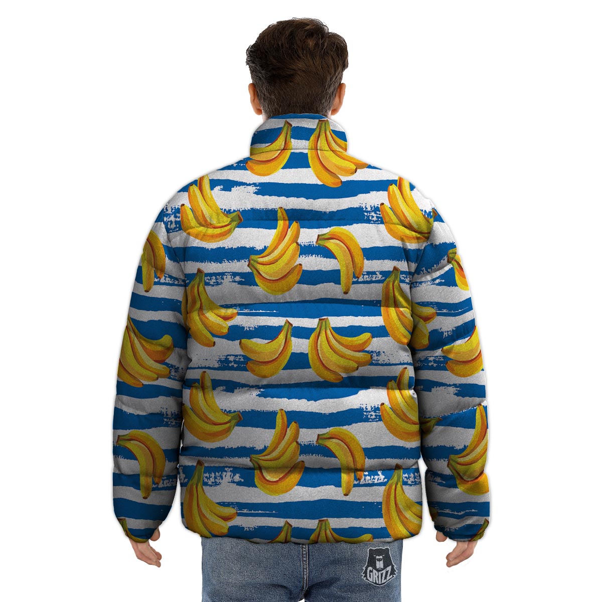 Banana Blue And White Striped Print Pattern Puffer Jacket-grizzshop