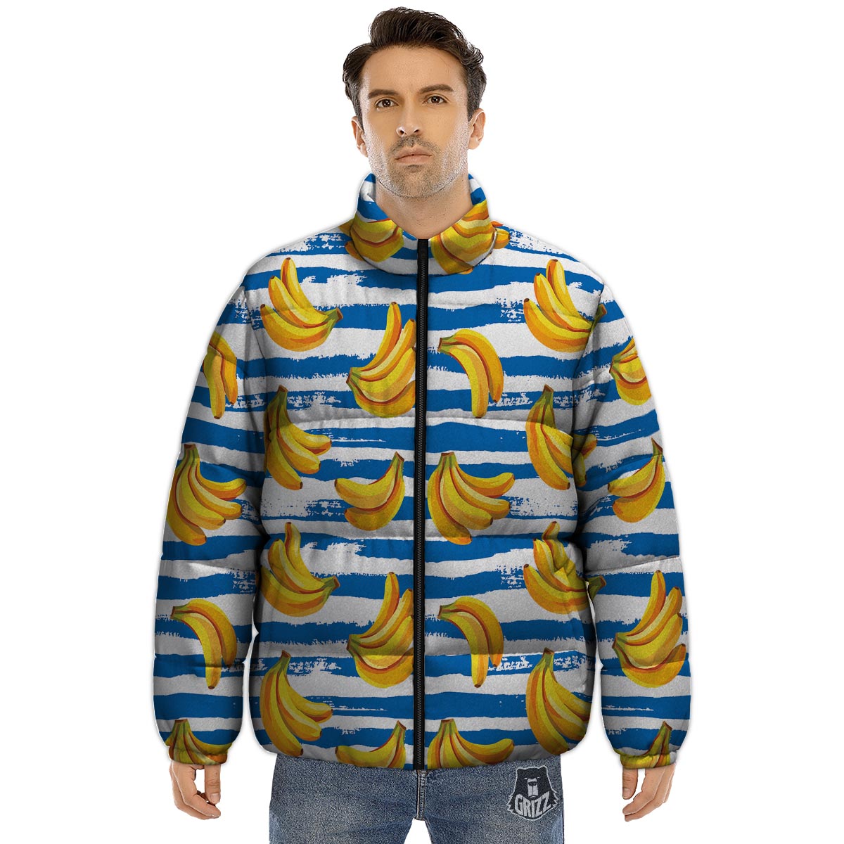 Banana Blue And White Striped Print Pattern Puffer Jacket-grizzshop