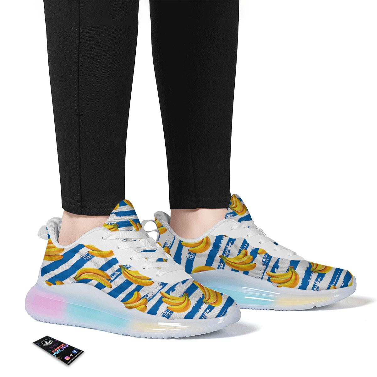 Banana Blue And White Striped Print Pattern Running Sneakers-grizzshop