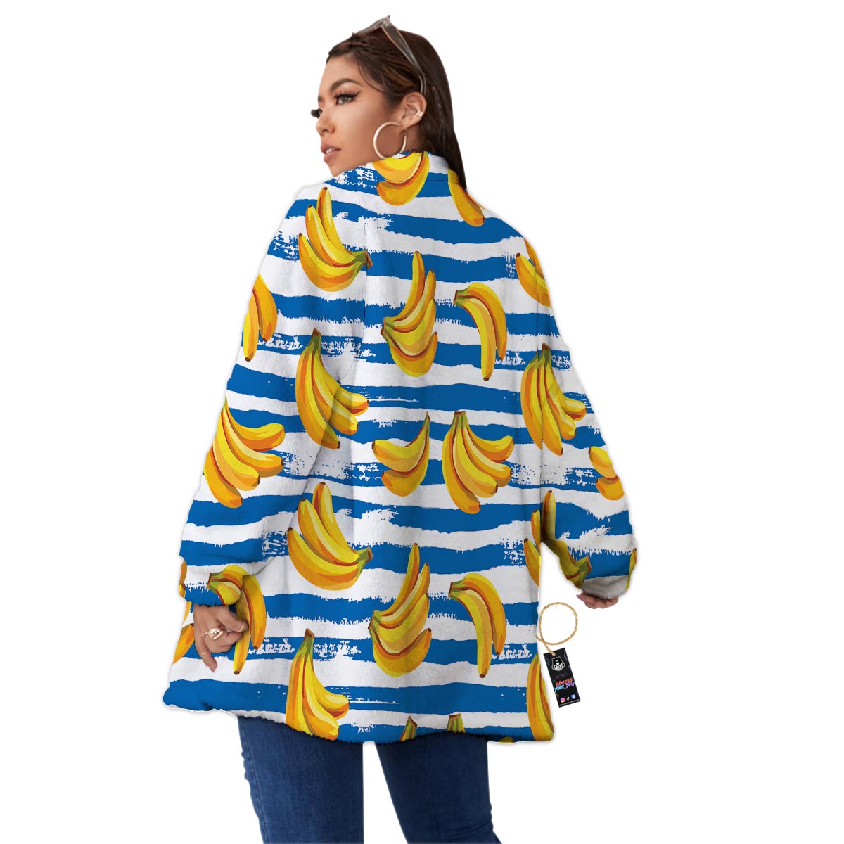 Banana Blue And White Striped Print Pattern Women's Sherpa Jacket-grizzshop