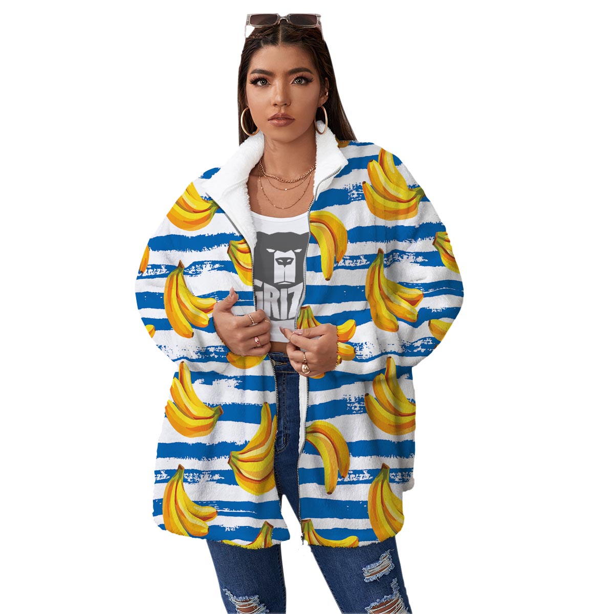 Banana Blue And White Striped Print Pattern Women's Sherpa Jacket-grizzshop