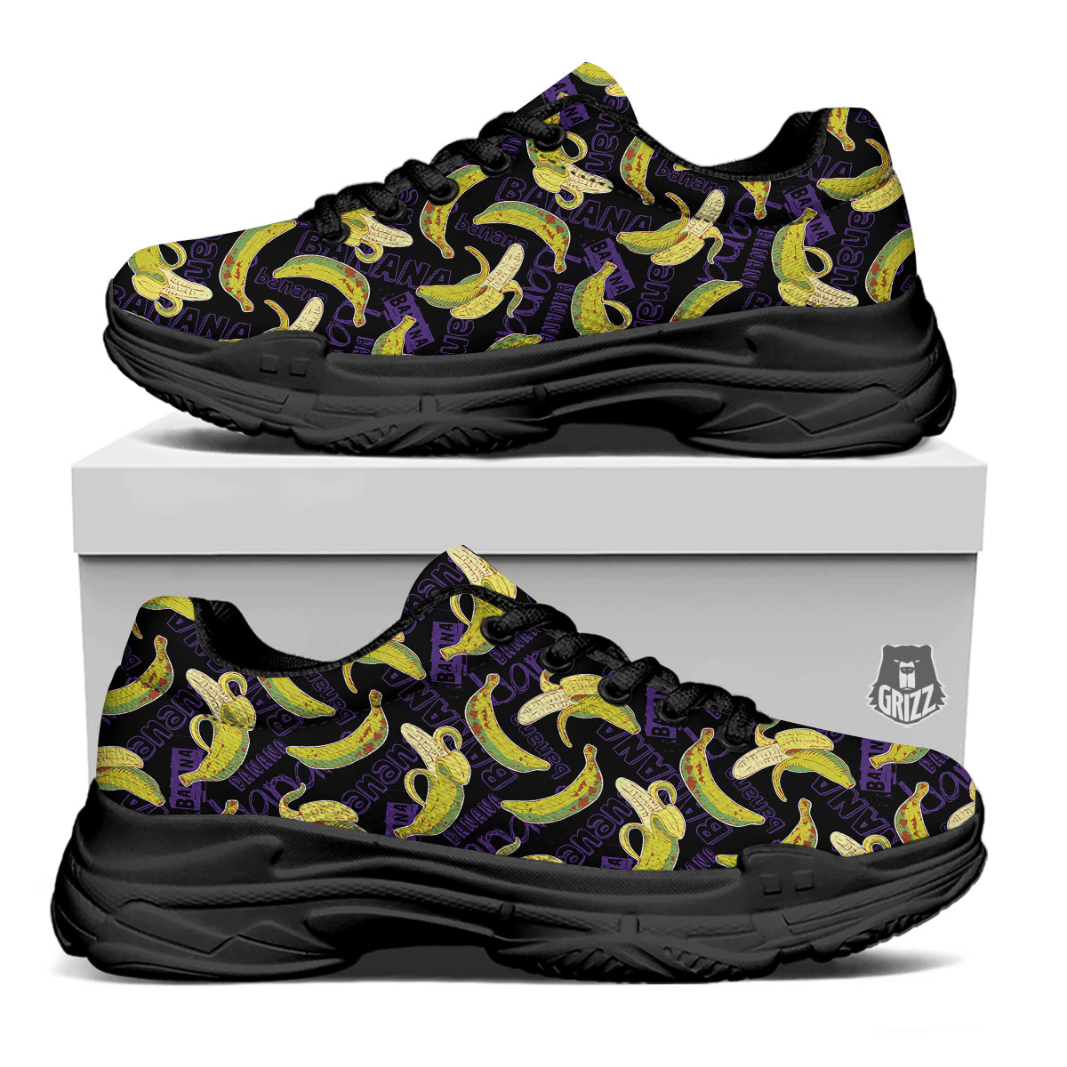 Banana Color Vintage Purple Print Pattern Black Chunky Shoes-grizzshop