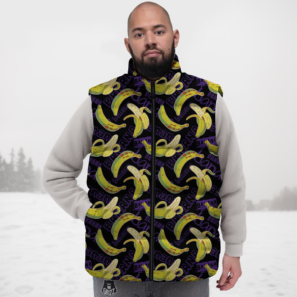 Banana Color Vintage Purple Print Pattern Down Vest